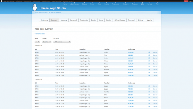 HamsaYoga website, custom made easily managed system